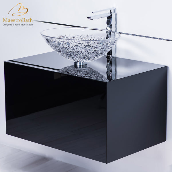 Elegant Italian crystal vessel sink with polished chrome sink faucet