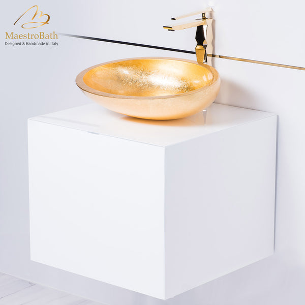20 inch white lacquer bathroom vanity with gold vessel sink combo