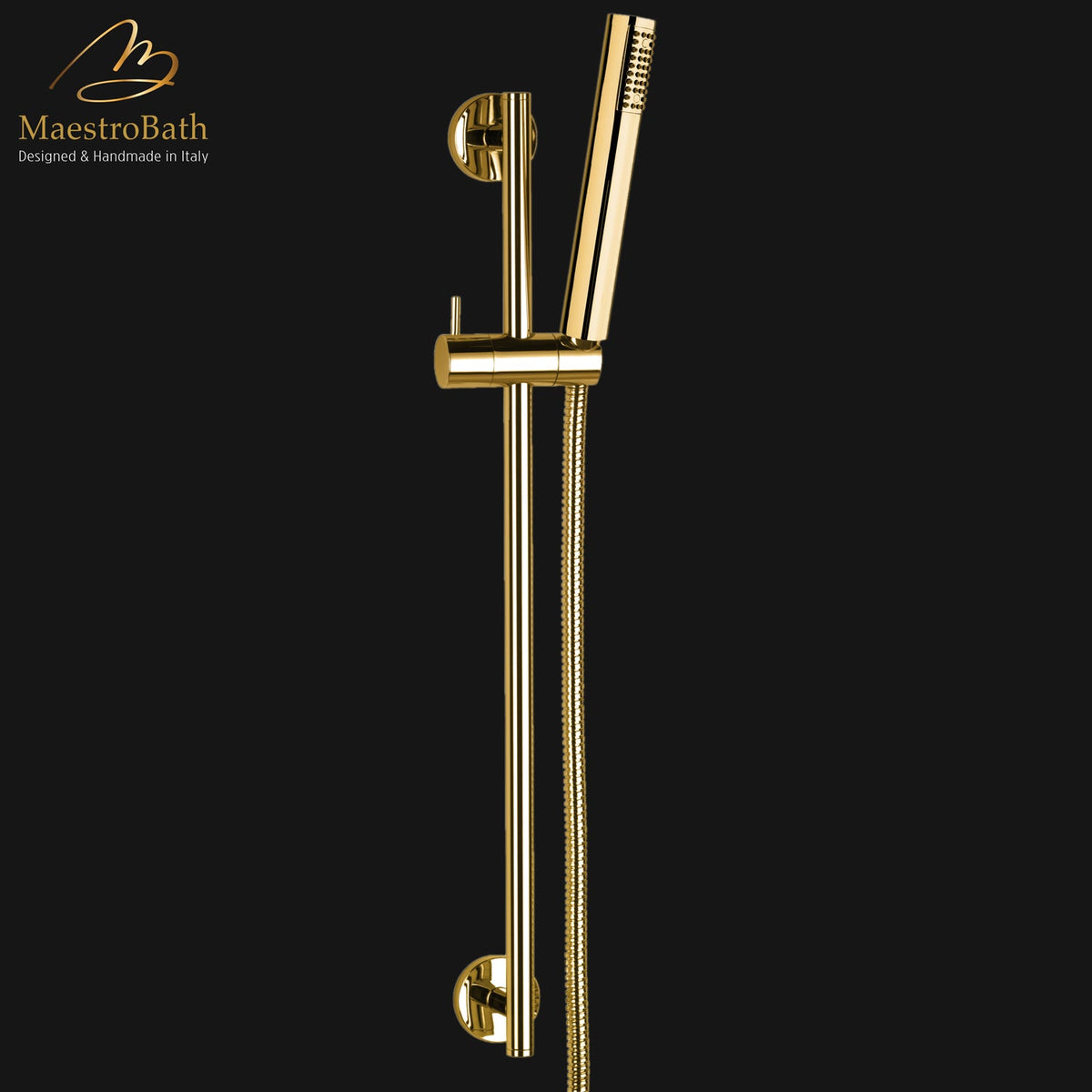 Wall mounted brass shower sliding bar, shown in polished gold, 24 inch by 2.1 inch, made of solid brass