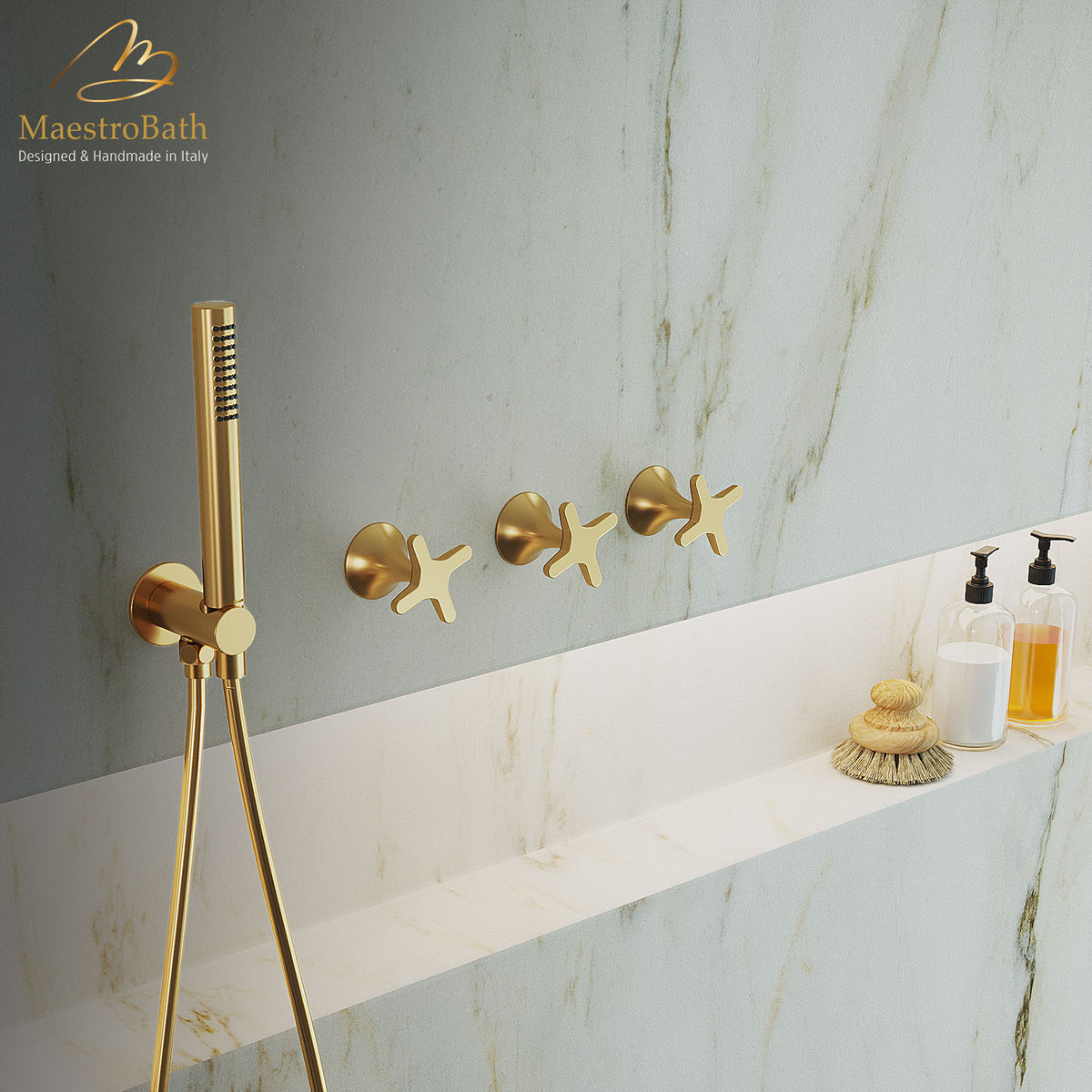 Built in brass concealed shower diverter, shown in polished gold, 1.2 inch by 1.2 inch, made of lead-free brass