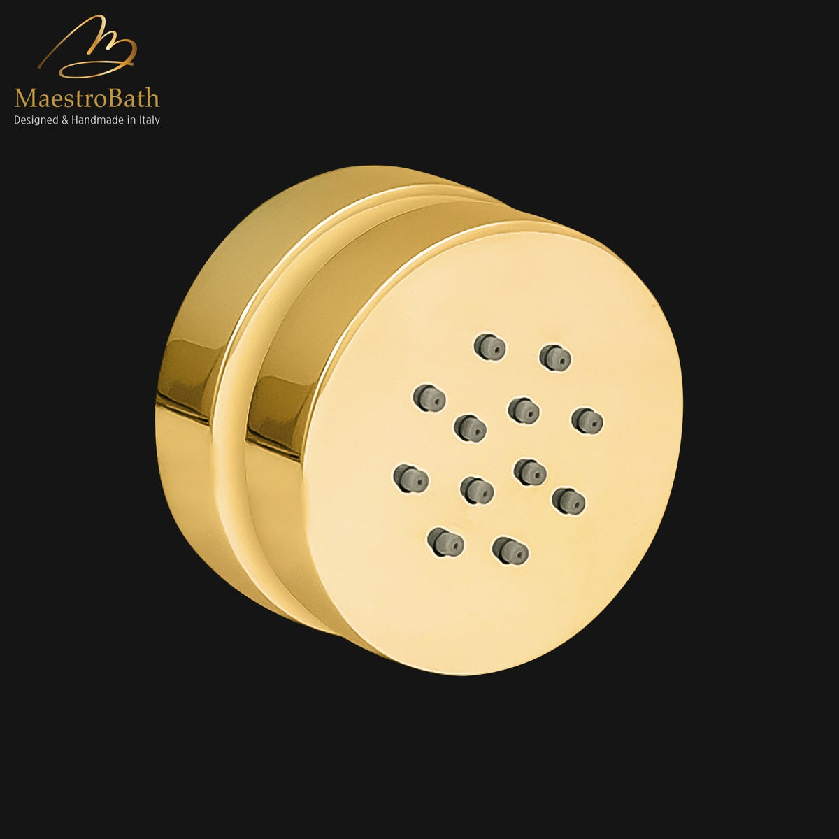 Wall mounted round brass lateral body jet, shown in polished gold, 2.5 inch by 2.5 inch, made of solid brass