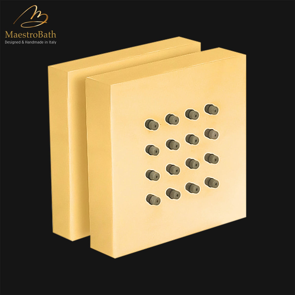Wall mounted square brass lateral body jet, shown in polished gold, 2.5 inch by 2.5 inch, made of solid brass