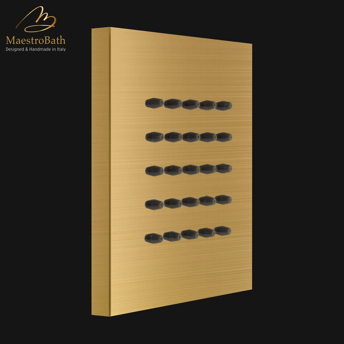 Wall mounted square brass lateral body jet, shown in brushed gold, 3.9 inch by 3.9 inch, made of solid brass
