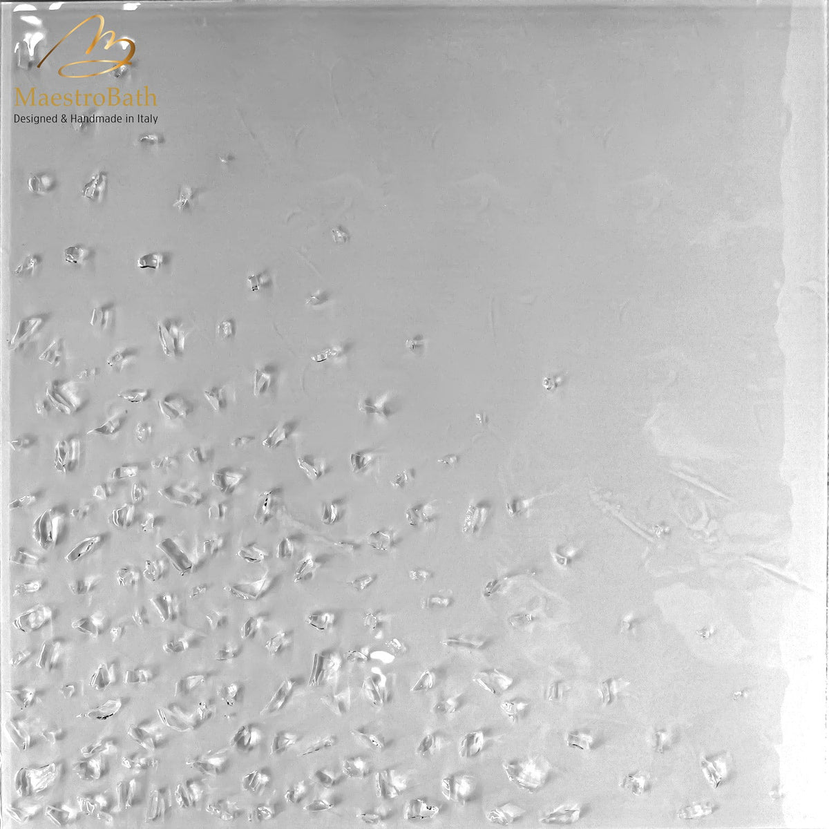 Murano glass tile, shown in white, 23.6 inch by 23.6 inch per panel