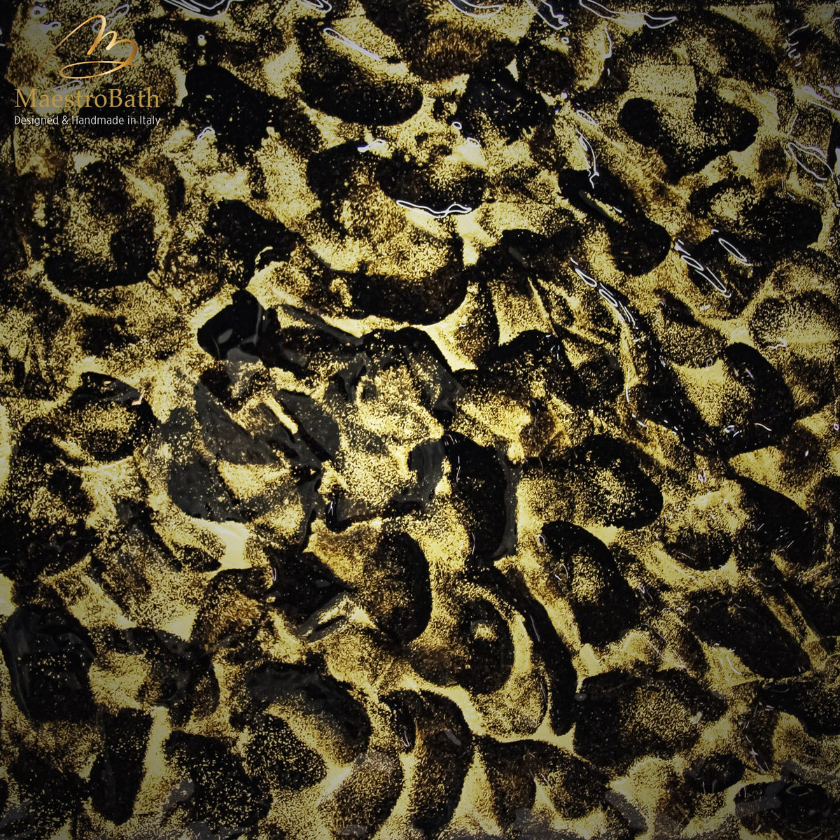 Murano glass tile, shown in black and gold, 23.6 inch by 23.6 inch per panel