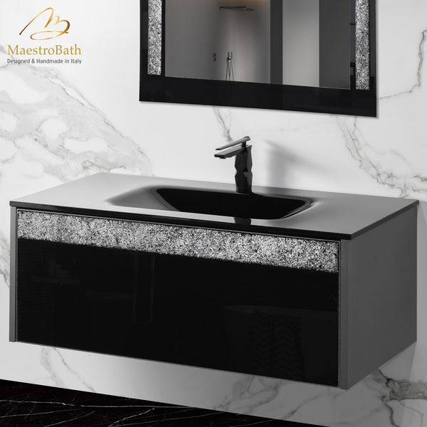 Alba Modern Single Integrated Glass Top Vanity #color_grey & black