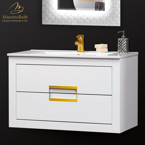Danya White and Gold Leather Modern Bathroom Vanity 32 Inch #color_white and gold