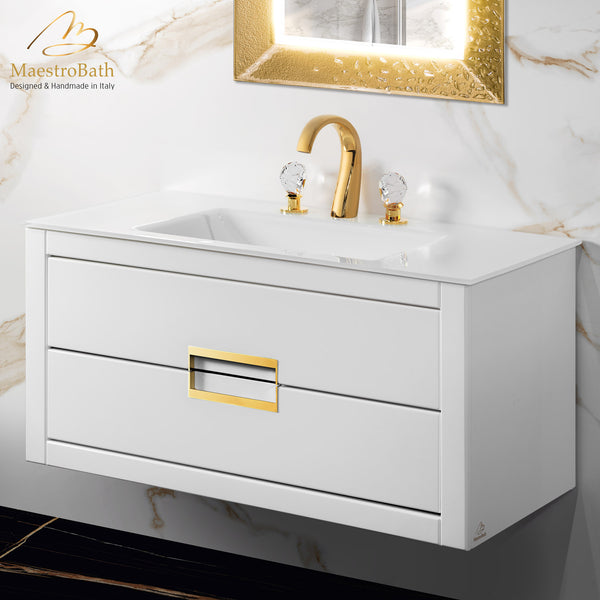 Danya 40 Inch Modern Bathroom Vanity | White & Gold #glass top_integrated