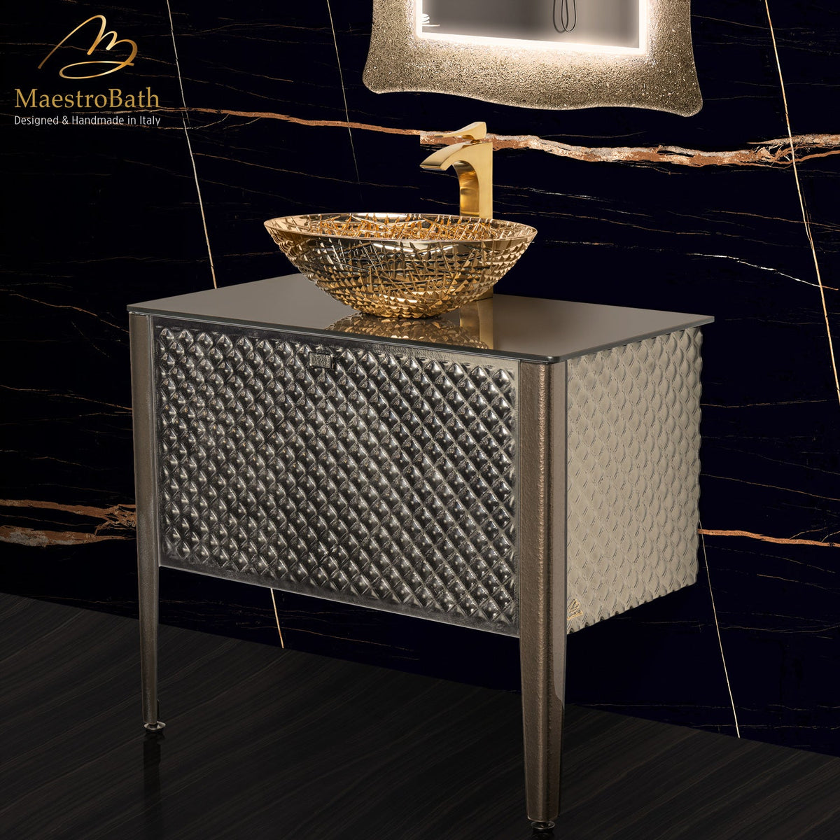 Tiffany Luxury Crystal Brown Vanity, shown in brown, made of stainless steel clad in Murano glass