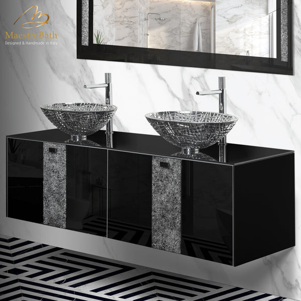 Luxury Crystal Glass Wallmount Bathroom Double Vanity | Black #color_black