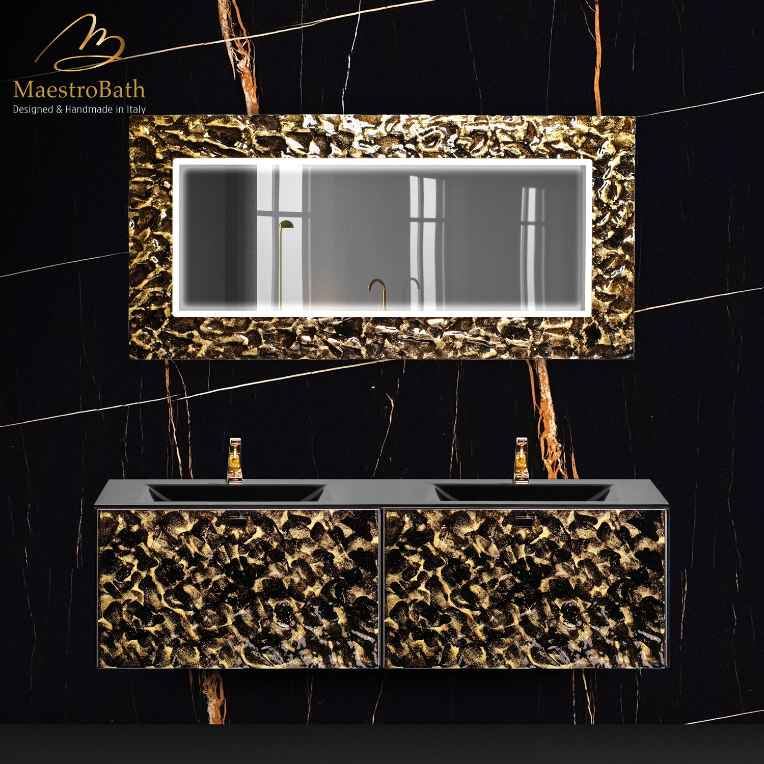 Designer Murano Glass Wallmount Bathroom Double Vanity #color_black and gold