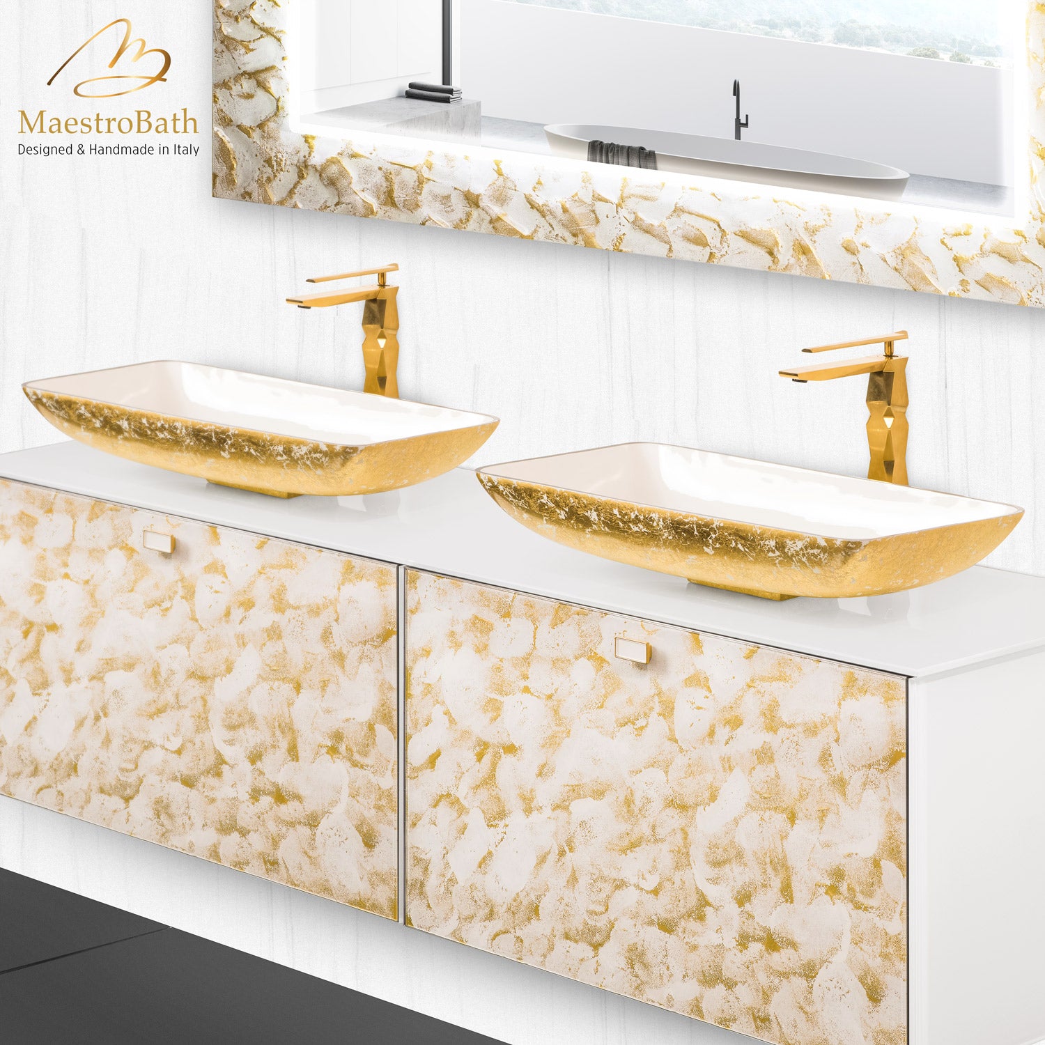 Designer Murano Glass Wallmount Bathroom Double Vanity #color_white and gold