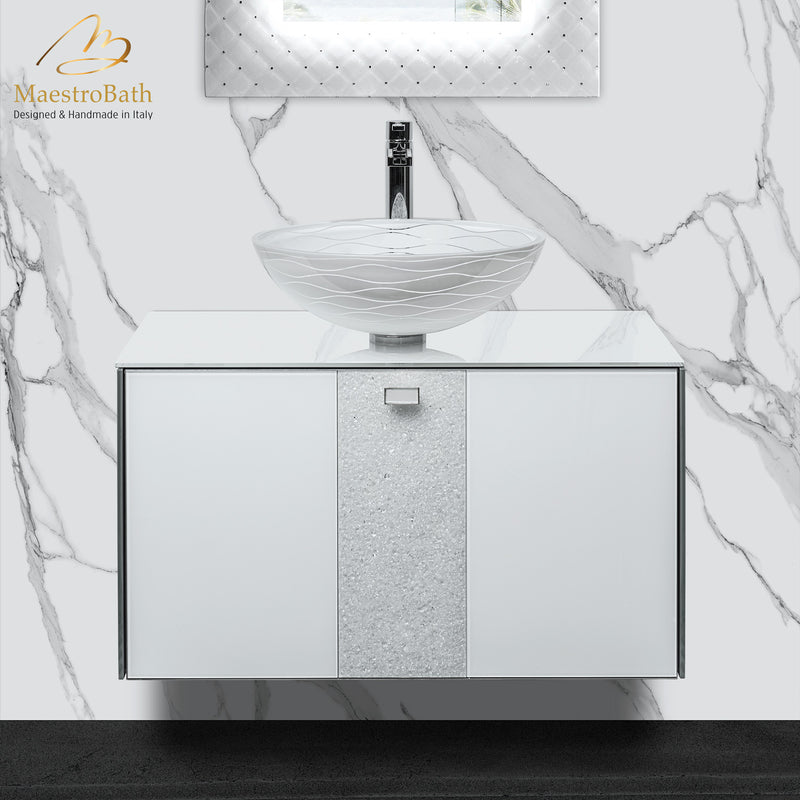 Luxury Crystal Glass Wallmount Bathroom Vanity | White
