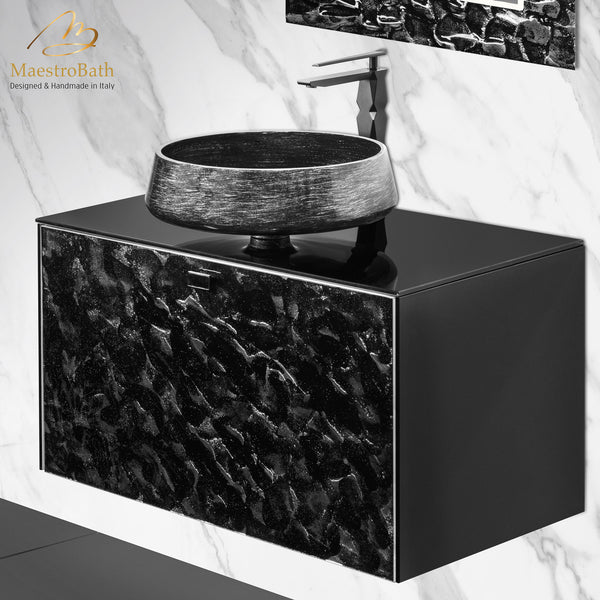 Designer Murano Glass Wallmount Bathroom Vanity #color_black and silver