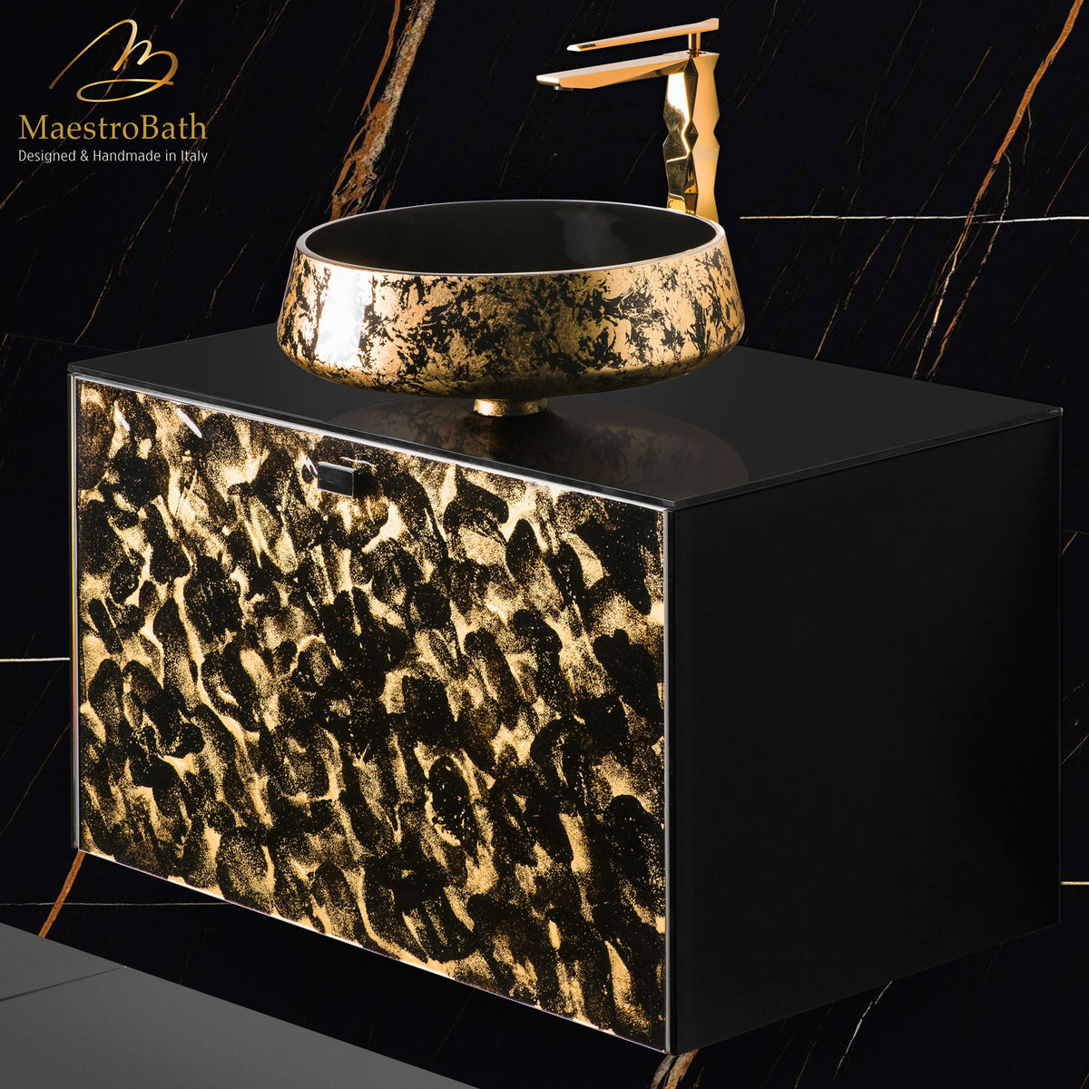 Luxury Murano Crystal Wallmount Bathroom Vanity, shown in black and gold, made of wood clad in Murano glass #Size_32"