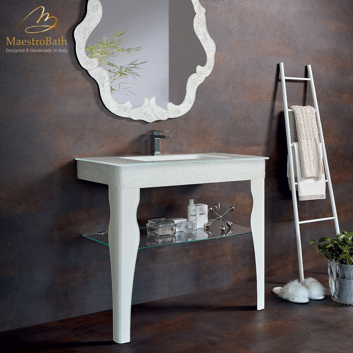 Freestanding Murano glass bathroom vanity console, shown in white, made of stainless steel clad in Murano glass