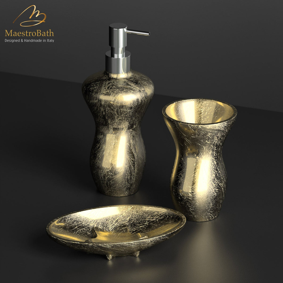 Resin and glass bathroom accessory set, shown in gold leaf