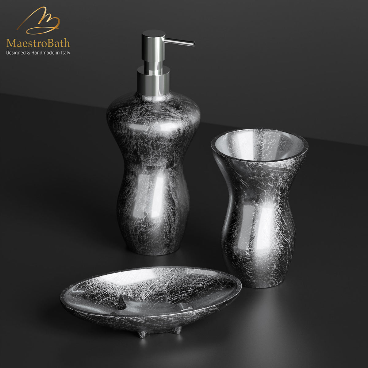 Resin and glass bathroom accessory set, shown in silver leaf