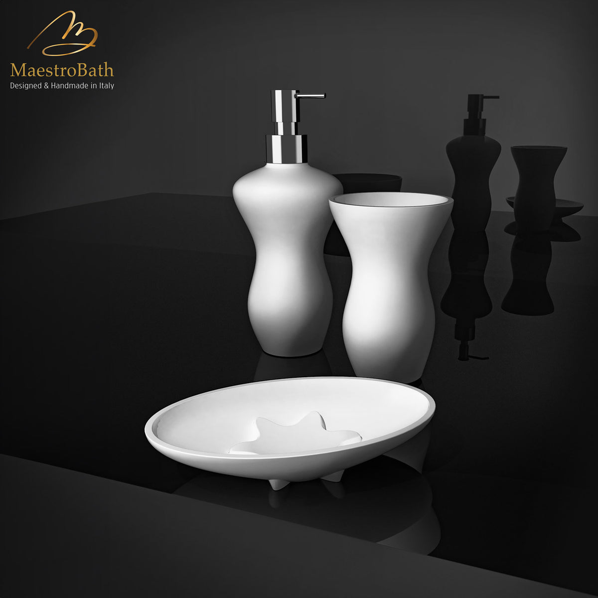 Resin and glass bathroom accessory set, shown in white