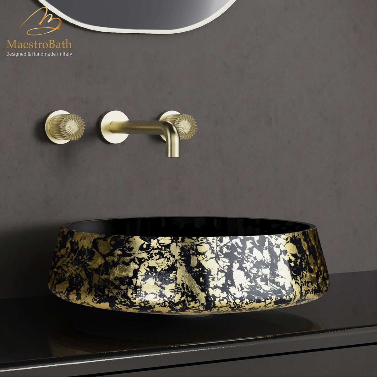 Above counter aluminum alloy vessel sink, shown in black and gold, 16.5 inch by 16.5 inch with a 5.5 inch basin depth #color_black gold