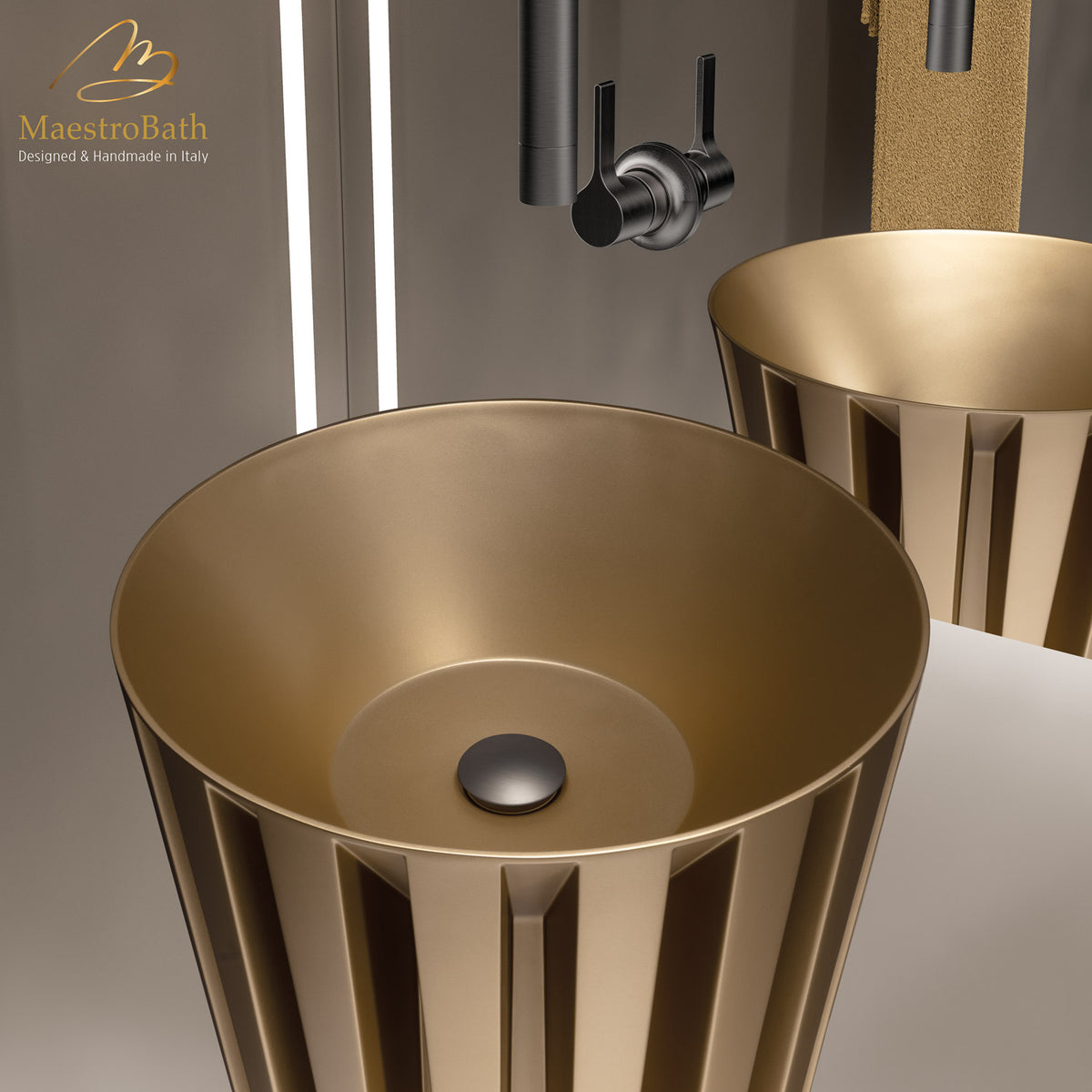 Floor standing resin pedestal sink, shown in gold, 19.4 inch by 19.4 inch and 35.4 inch high #color_gold
