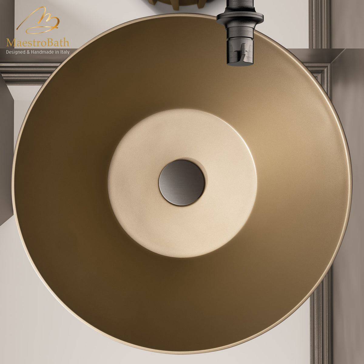 Floor standing resin pedestal sink, shown in gold, 19.4 inch by 19.4 inch and 35.4 inch high #color_gold