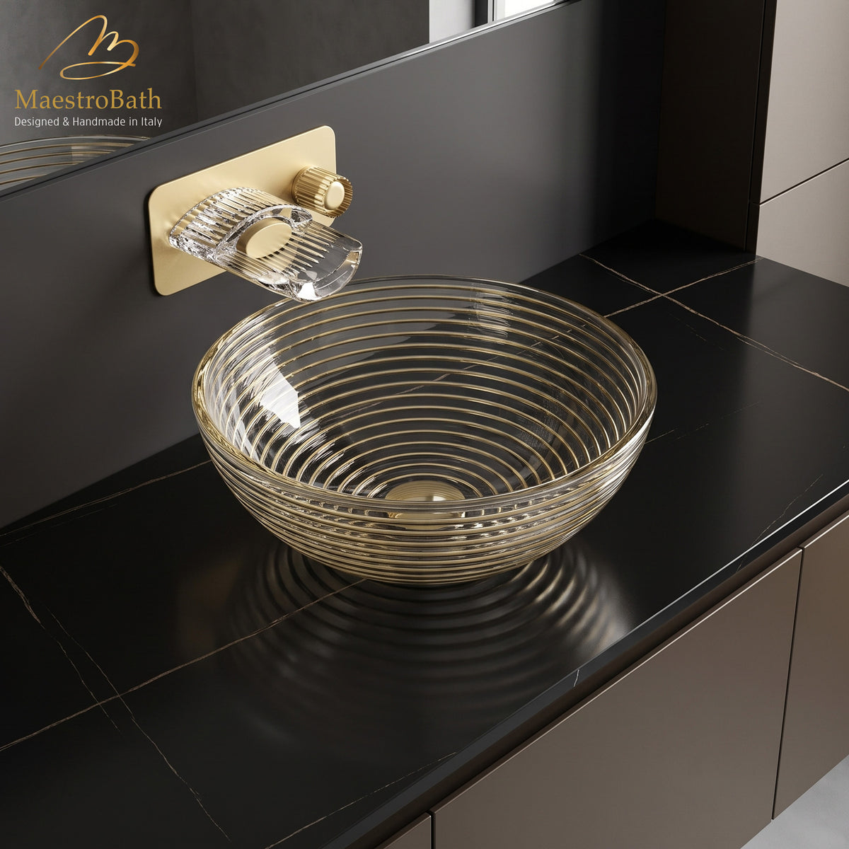 Echo Round Gold/Transparent Crystal Vessel Sink, shown in gold, 17.1 inch by 17.1 inch with a 6.8 inch basin depth