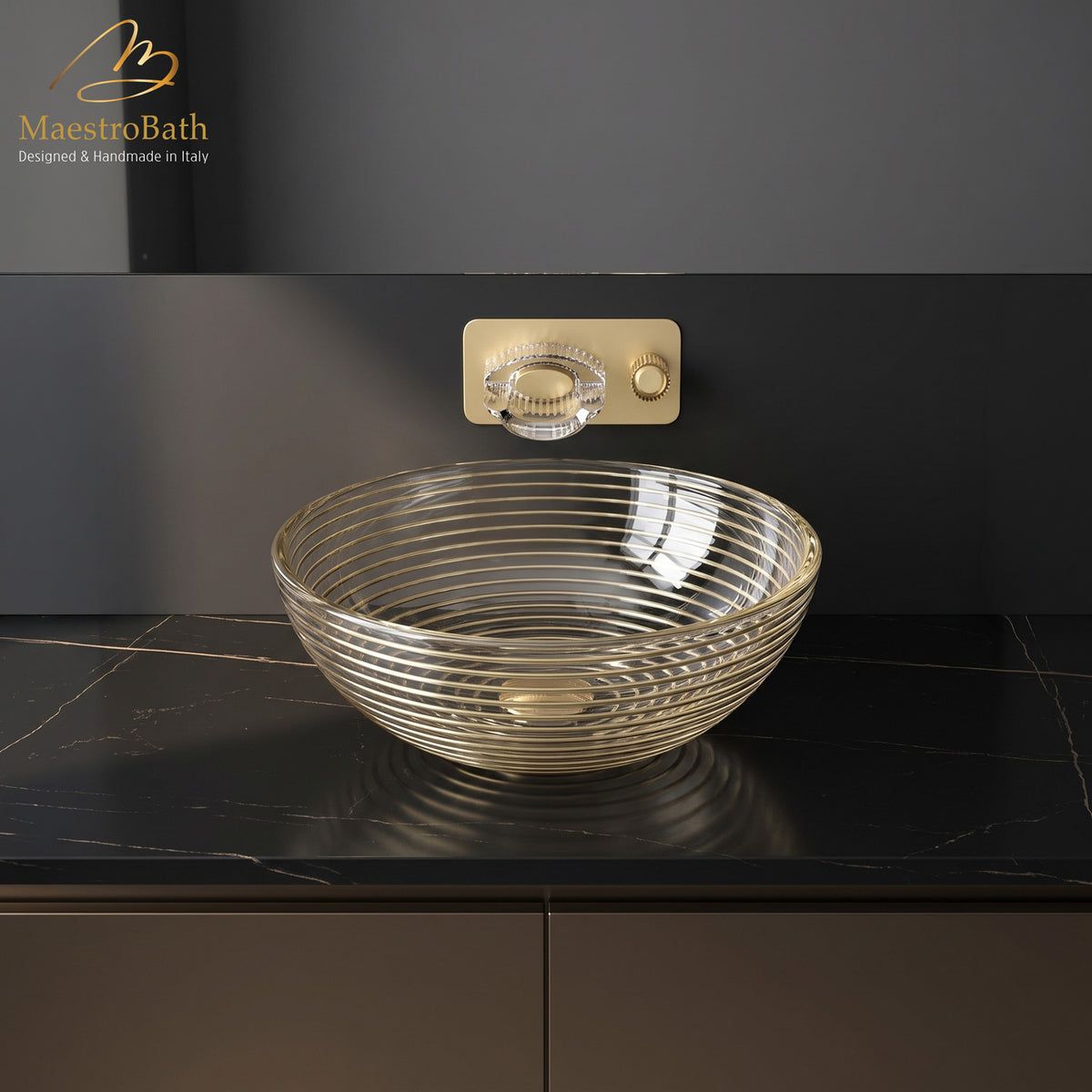 Echo Round Gold/Transparent Crystal Vessel Sink, shown in gold, 17.1 inch by 17.1 inch with a 6.8 inch basin depth