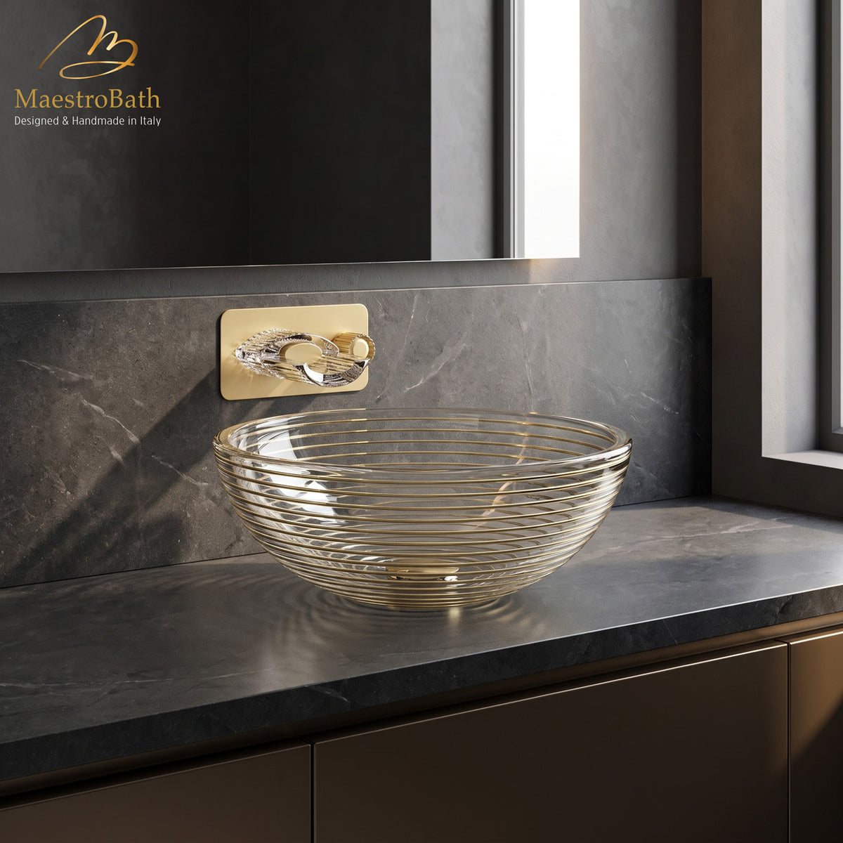 Echo Round Gold/Transparent Crystal Vessel Sink, shown in gold, 17.1 inch by 17.1 inch with a 6.8 inch basin depth
