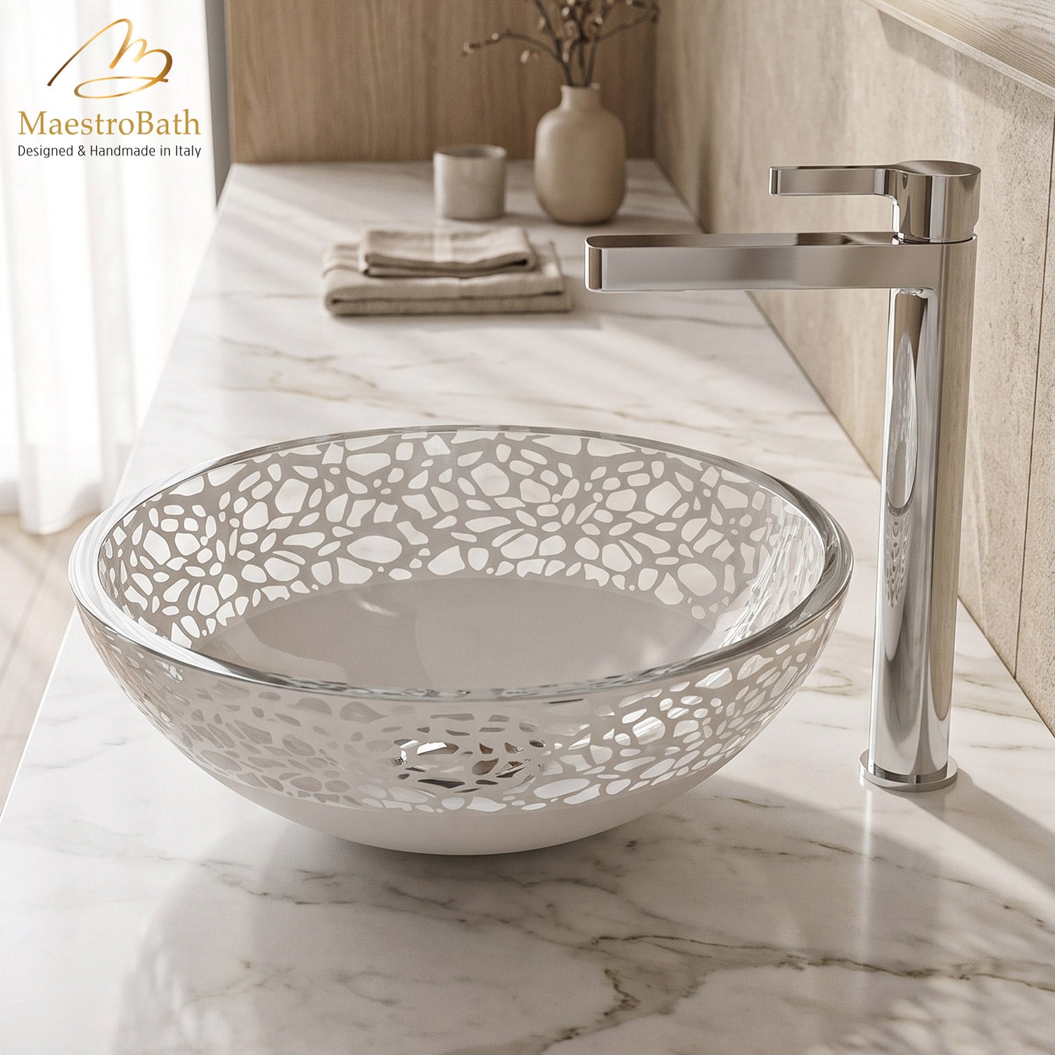 Atelier Flair White Mat Glass Vessel Sink, shown in white, 16 inch by 16 inch with a 6 inch basin depth