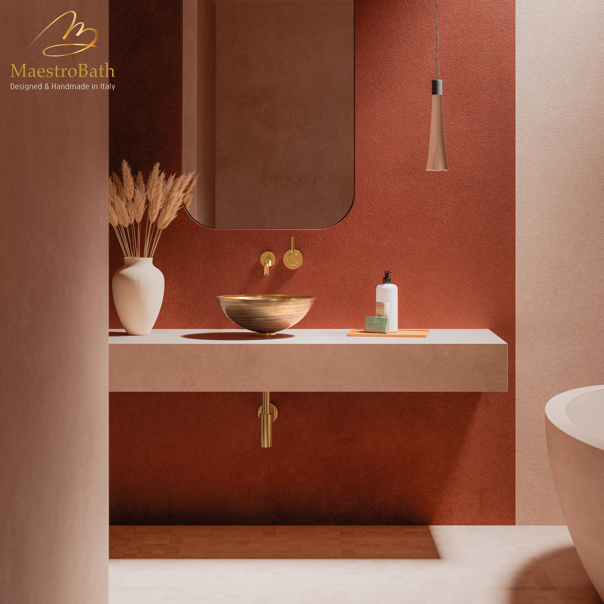 Atelier Graffiti Designer Bath Sink, shown in red and gold, 17.4 inch by 17.4 inch with a 5.9 inch basin depth #color_red gold ivory