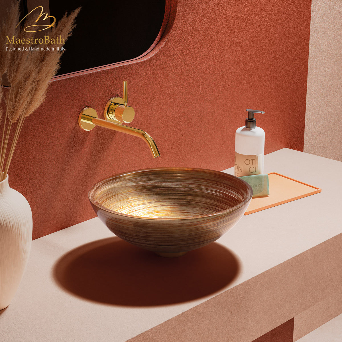 Atelier Graffiti Designer Bath Sink, shown in red and gold, 17.4 inch by 17.4 inch with a 5.9 inch basin depth #color_red gold ivory
