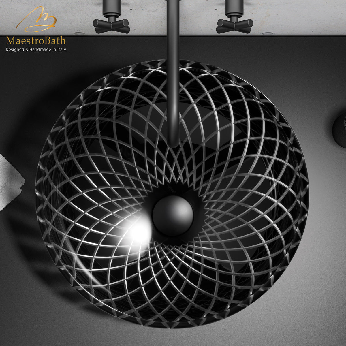 Above counter crystal vessel sink, shown in black and transparent, 17.3 inch by 17.3 inch with a 8.7 inch basin depth #color_black transparent