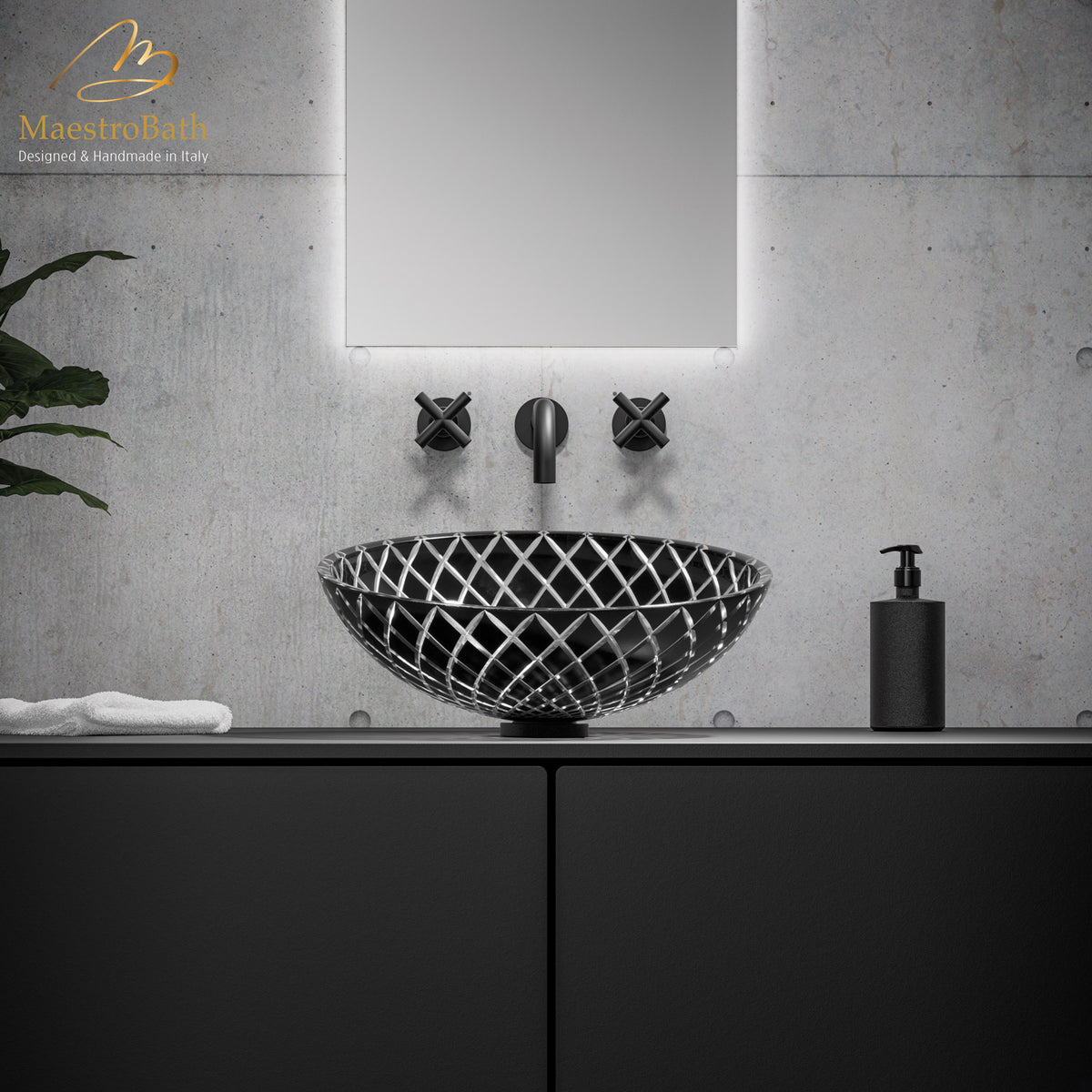 Above counter crystal vessel sink, shown in black and transparent, 17.3 inch by 17.3 inch with a 8.7 inch basin depth #color_black transparent