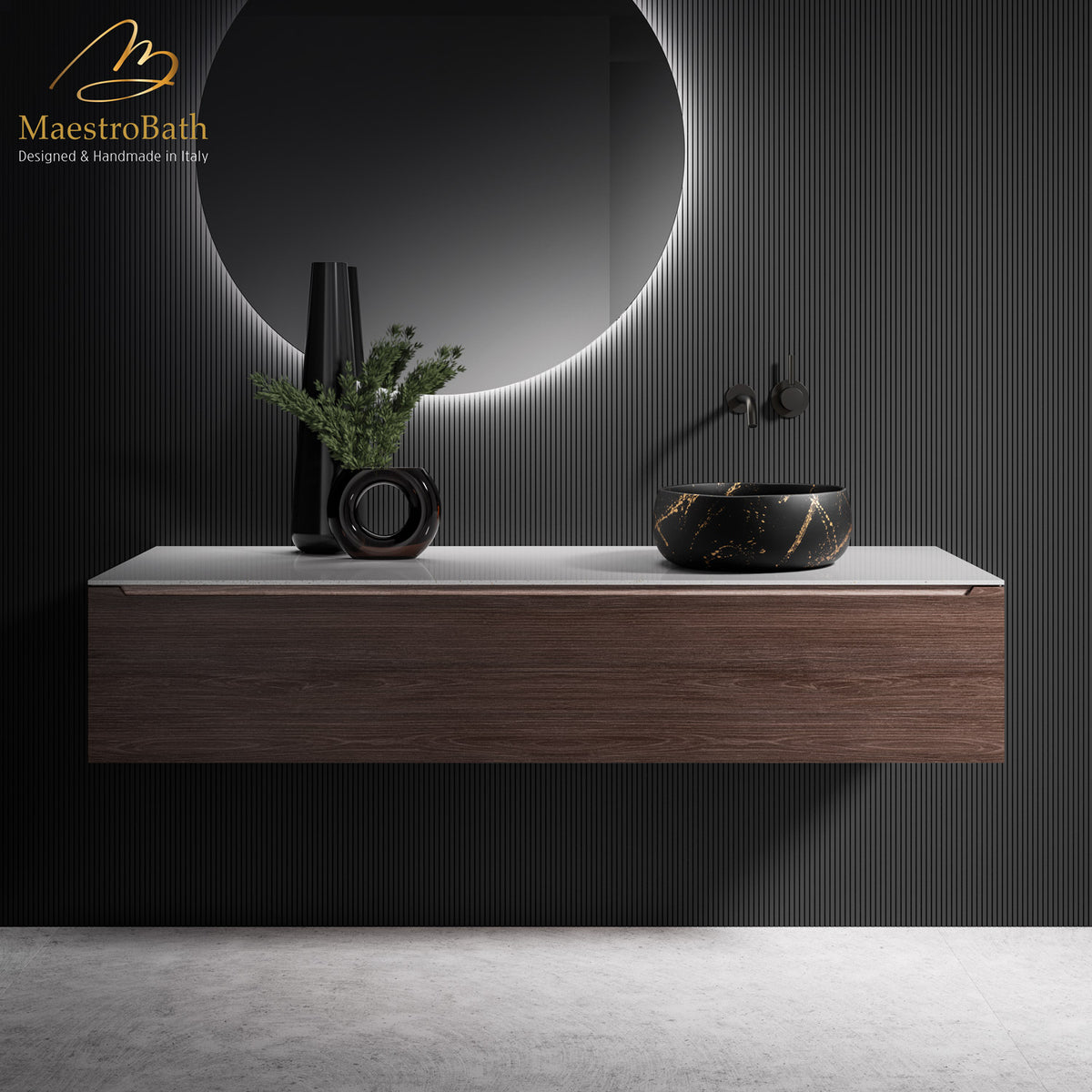 Above counter ceramic vessel sink, shown in black and gold, 16.7 inch by 16.7 inch with a 6.2 inch basin depth
