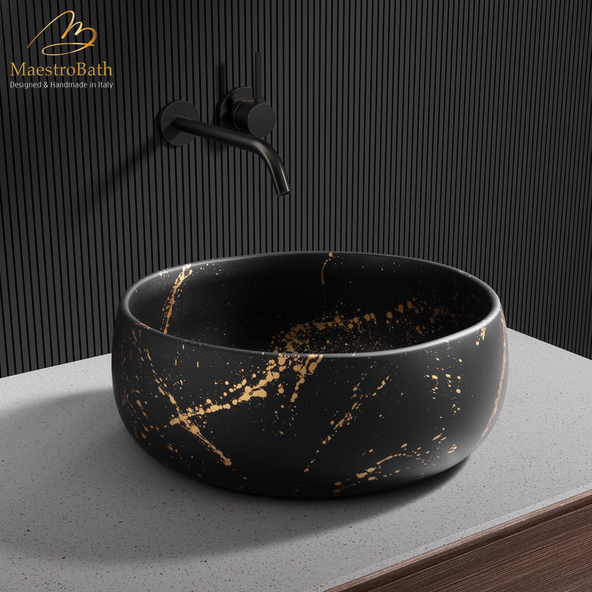 Above counter ceramic vessel sink, shown in black and gold, 16.7 inch by 16.7 inch with a 6.2 inch basin depth