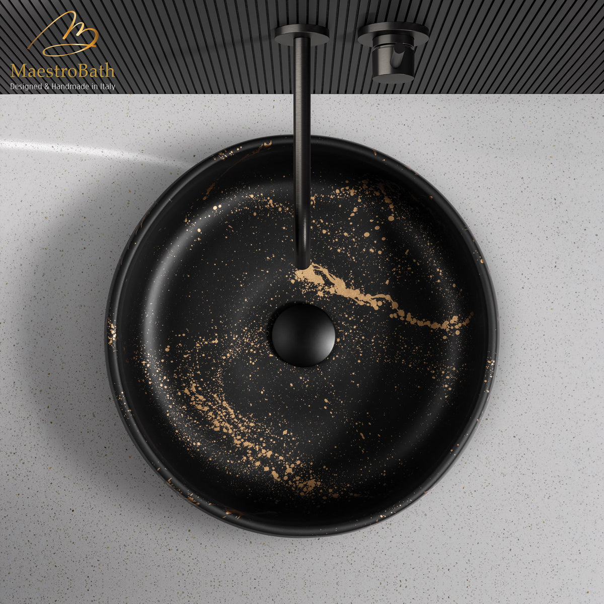 Above counter ceramic vessel sink, shown in black and gold, 16.7 inch by 16.7 inch with a 6.2 inch basin depth