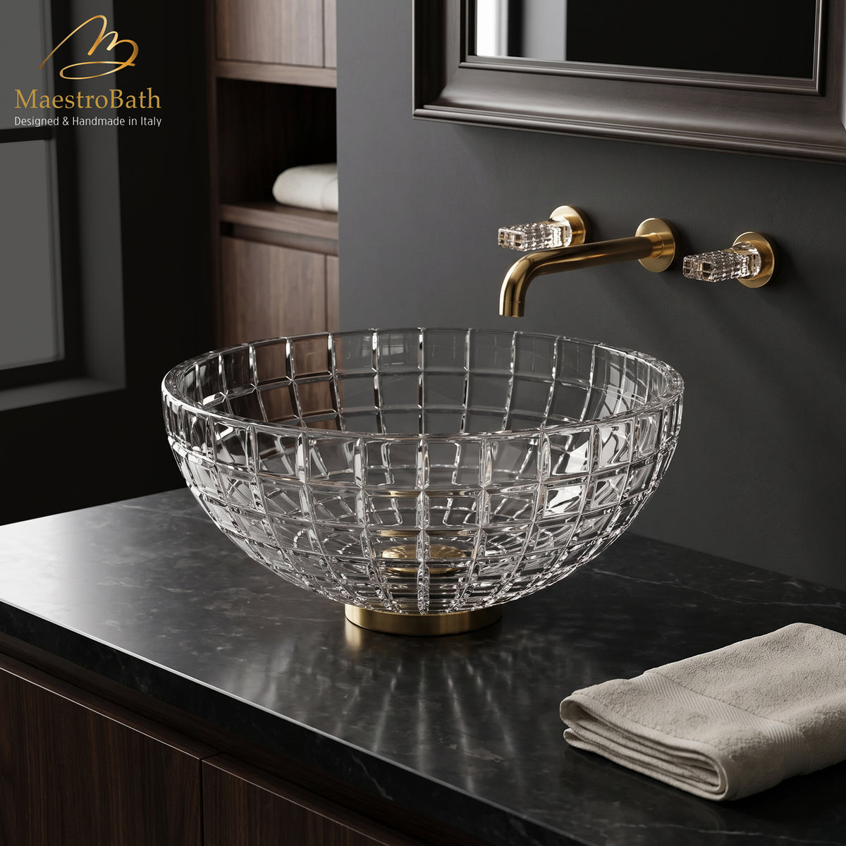 Above counter round crystal vessel sink, shown in transparent, 17.3 inch by 17.3 inch with a 6.3 inch basin depth