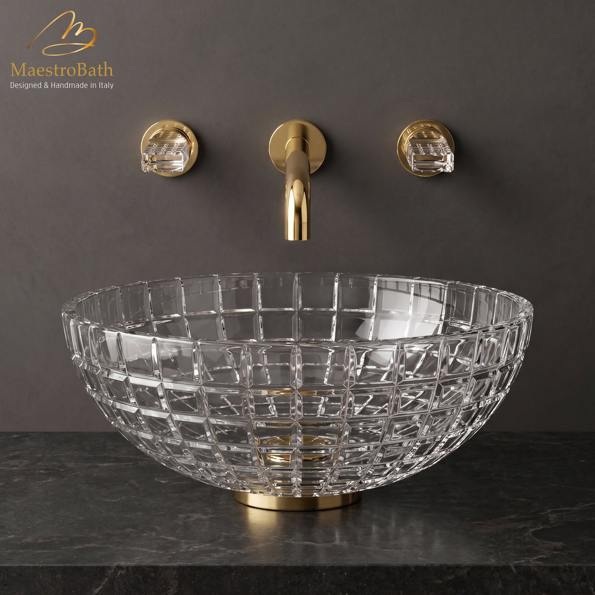Above counter round crystal vessel sink, shown in transparent, 17.3 inch by 17.3 inch with a 6.3 inch basin depth