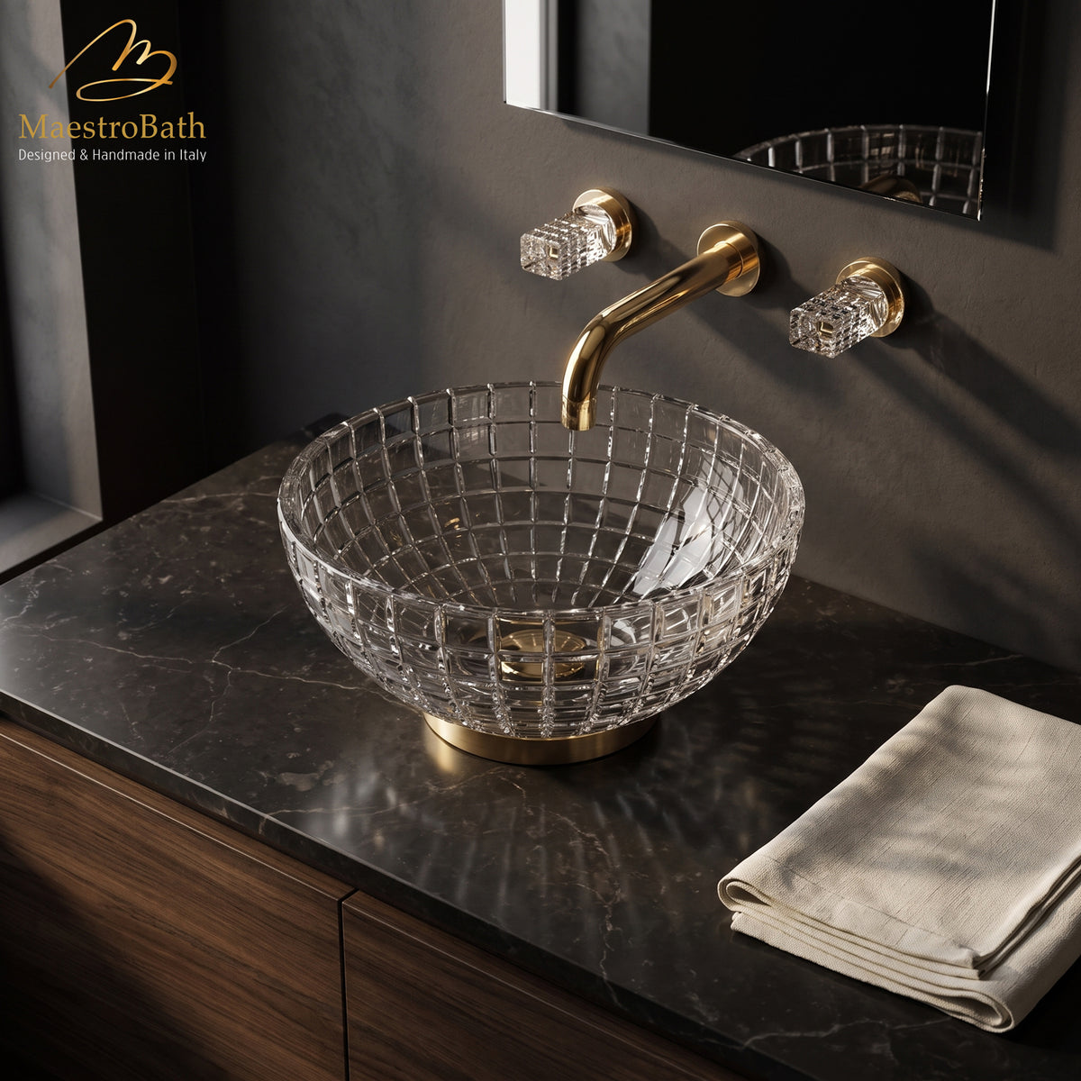 Above counter round crystal vessel sink, shown in transparent, 17.3 inch by 17.3 inch with a 6.3 inch basin depth