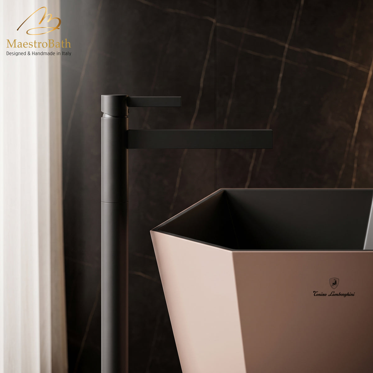 Close up of the black CASO faucet flat rectangular spout and single lever handle over a faceted pedestal sink basin #color_black
