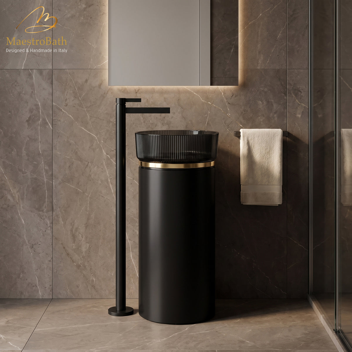 Black floor mounted bathroom faucet with an 8.3 inch spout reach over a round black pedestal sink with a fluted glass basin #color_black