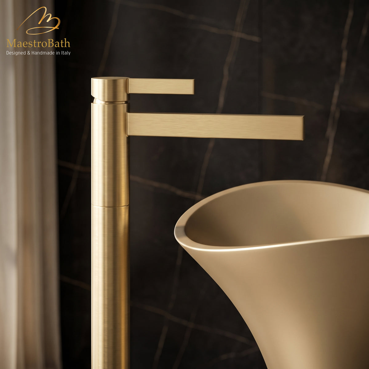 Brushed gold freestanding faucet column, single lever and slim spout reaching over a pedestal sink #color_brushed gold