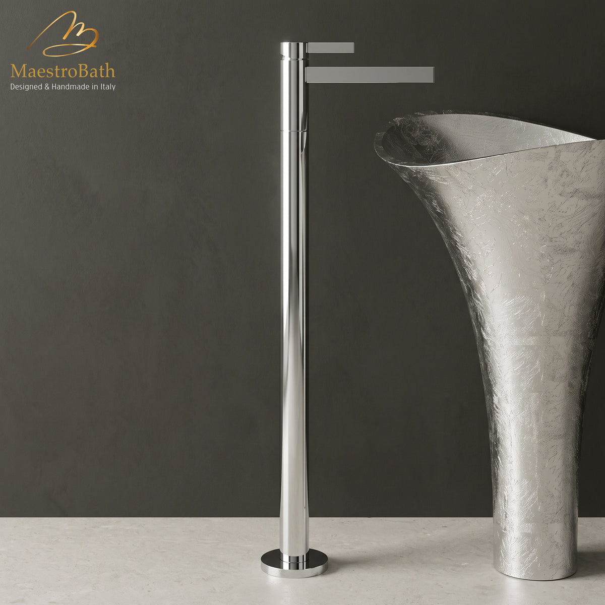 CASO freestanding bathroom faucet in polished chrome with round floor flange beside a silver leaf pedestal sink #color_polished chrome
