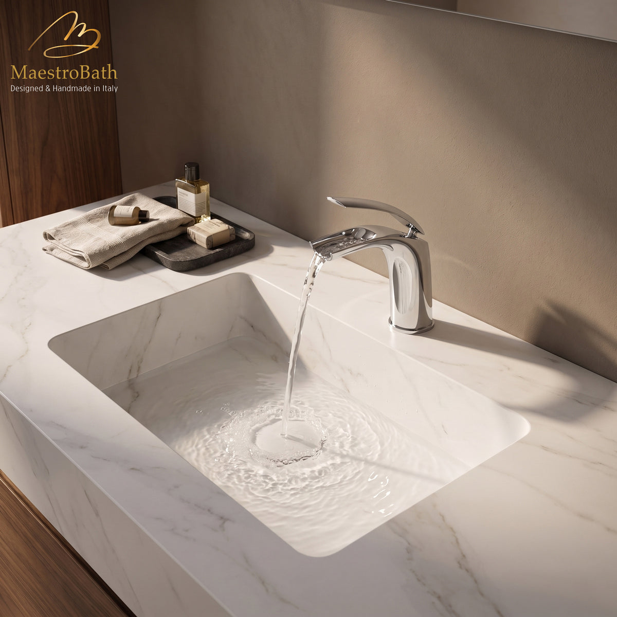 Deck mounted brass single hole bathroom faucet, shown in polished chrome, 5.8 inch spout height and a 5.7 inch spout reach #color_polished chrome