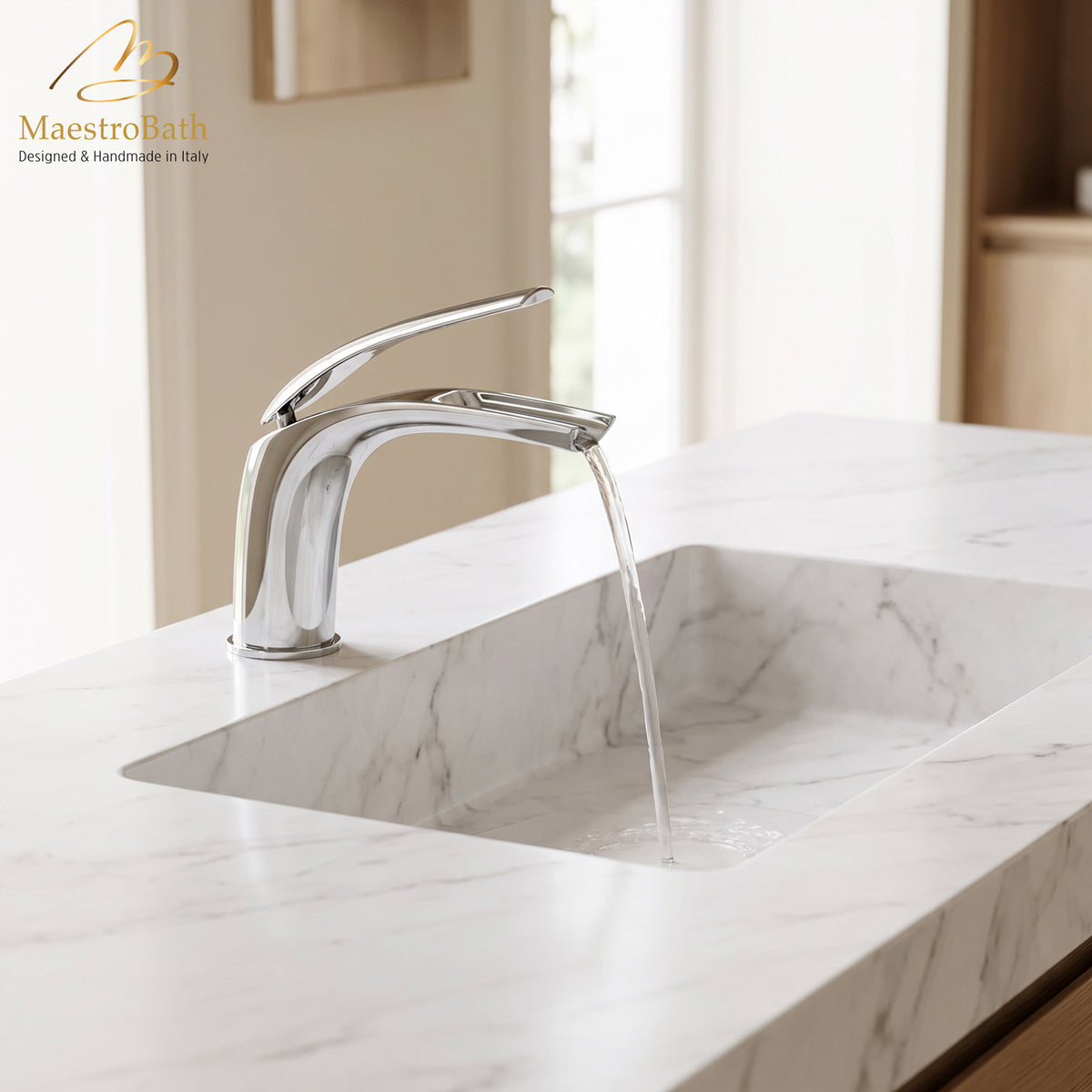 Deck mounted brass single hole bathroom faucet, shown in polished chrome, 5.8 inch spout height and a 5.7 inch spout reach #color_polished chrome