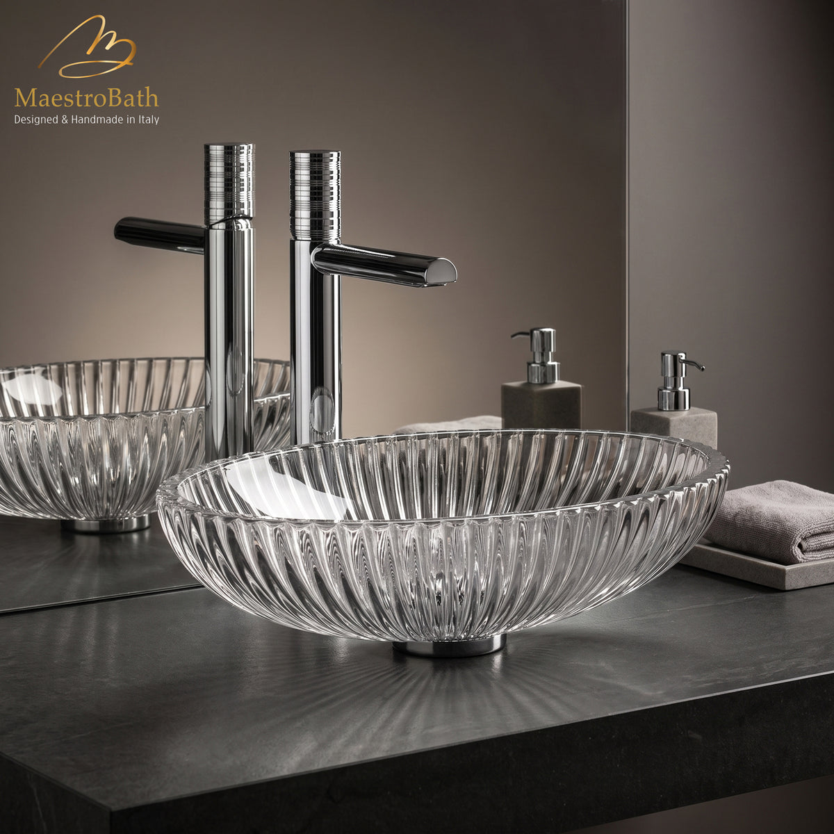 Deck mounted brass single hole bathroom faucet, shown in polished chrome, made of lead-free brass