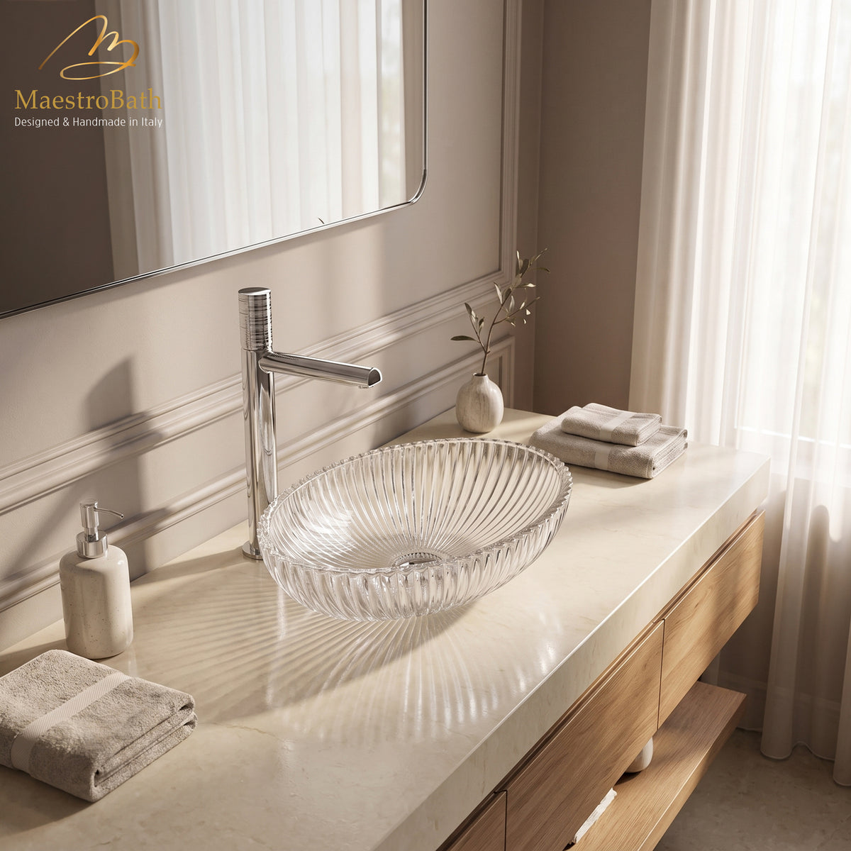 Deck mounted brass single hole bathroom faucet, shown in polished chrome, made of lead-free brass