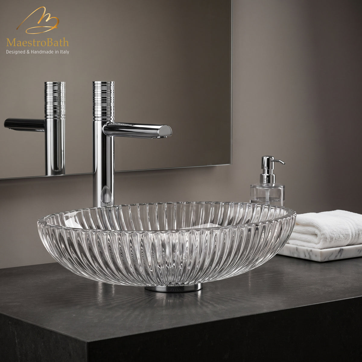 Deck mounted brass single hole bathroom faucet, shown in polished chrome, made of lead-free brass