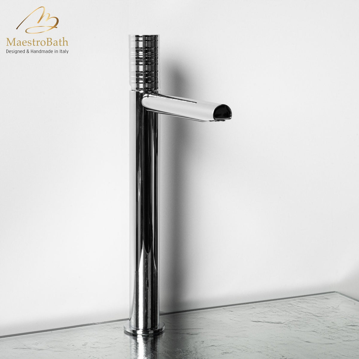 Deck mounted brass single hole bathroom faucet, shown in polished chrome, made of lead-free brass